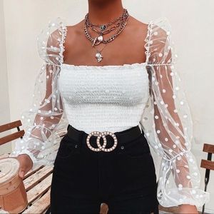 Sheer Sleeve Polka Dot Crop Top